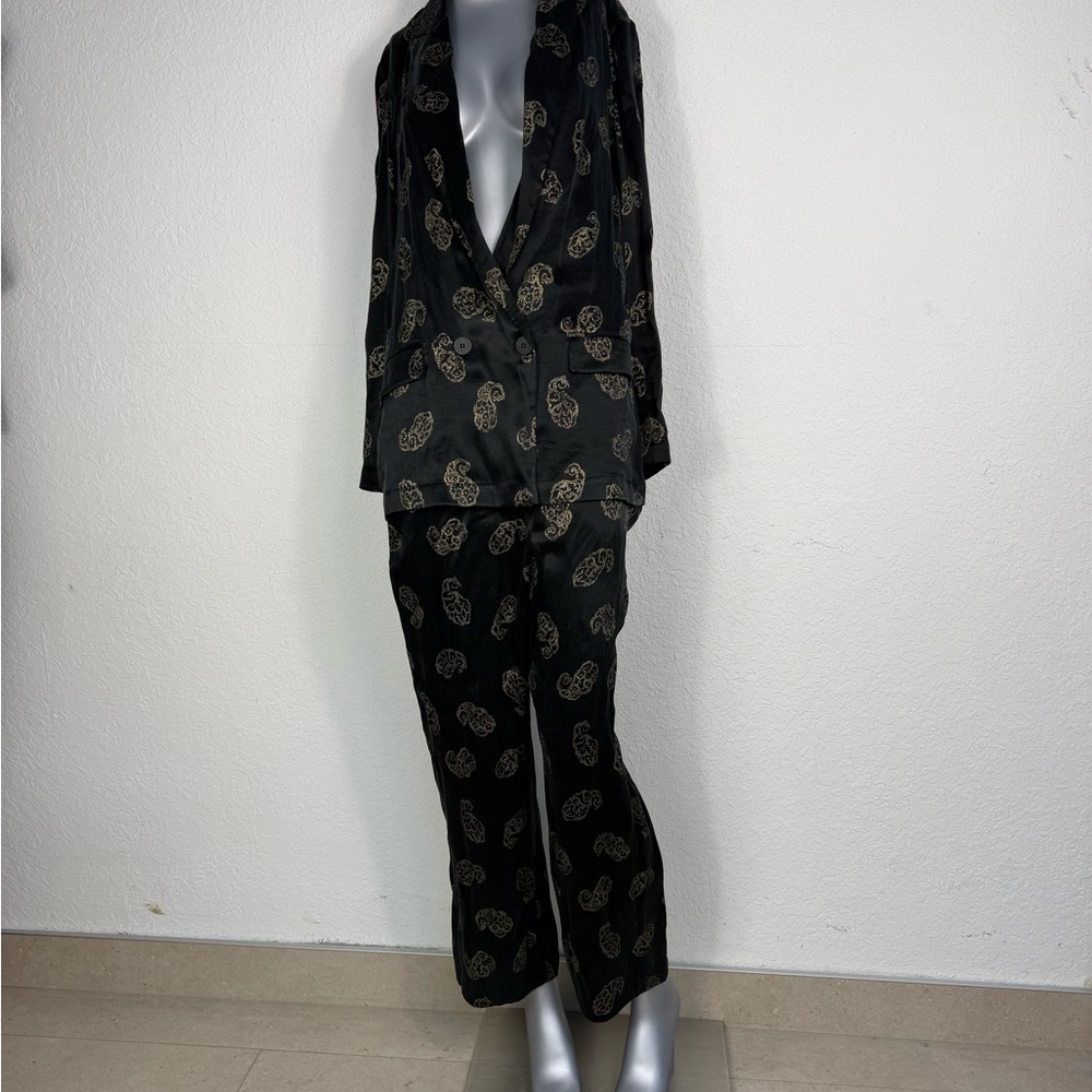 Zara Black and Gold Patterned Pantsuit pajama trend double breasted blazer sz L